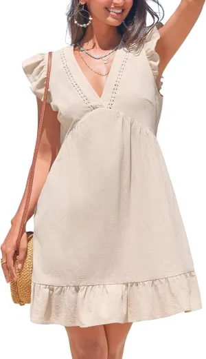 CUPSHE Women's Mini Dresses V Neck Flutter Sleeve Cotton Casual Short Ruffleld Summer Dress