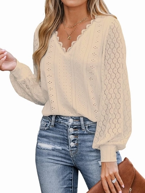 CUPSHE Long Sleeve Tops for Women Eyelet Scalloped Lace V Neck Blouse Casual Loose Fashion Shirts