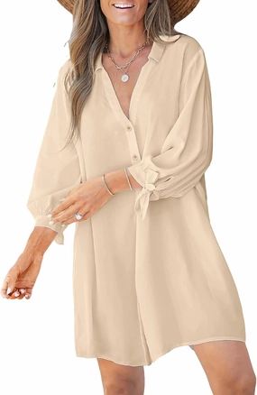CUPSHE Women Shirt Mini Summer Dress Cover Ups 3/4 Sleeve Cuff Tie Button Down Holiday Sundress Beach Cover Up Dress