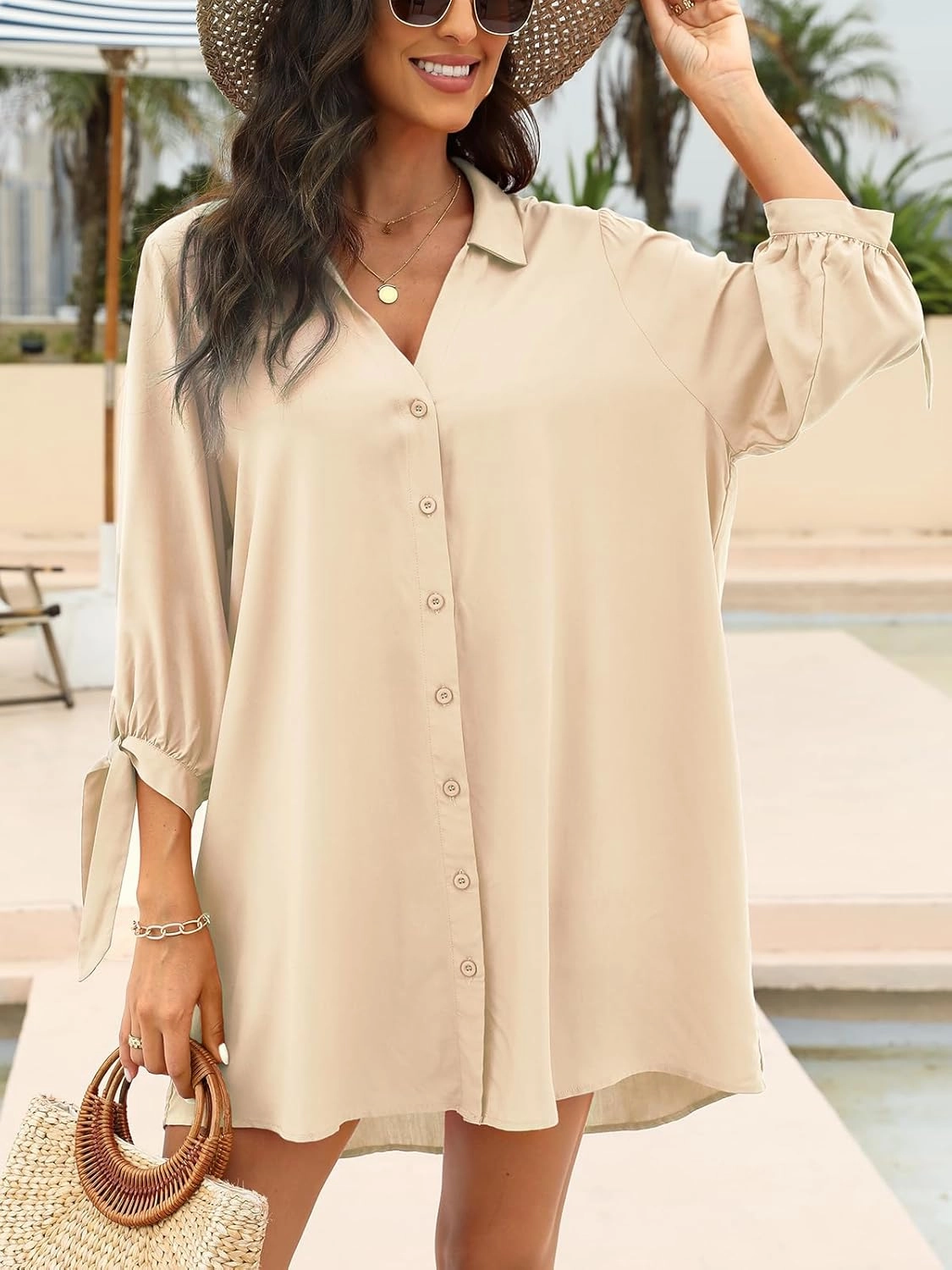 CUPSHE Women Shirt Mini Summer Dress Cover Ups 3/4 Sleeve Cuff Tie Button Down Holiday Sundress Beach Cover Up Dress