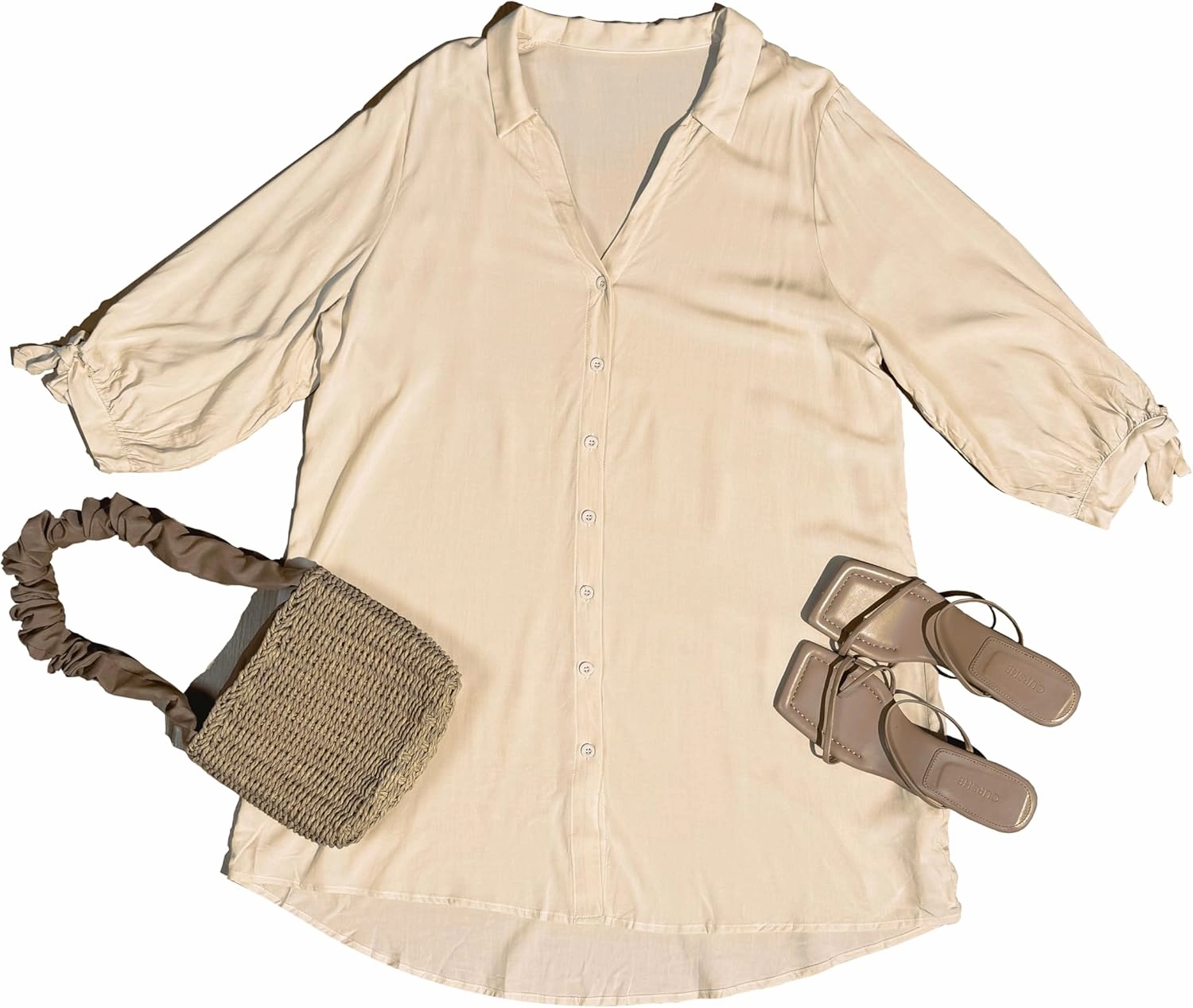 CUPSHE Women Shirt Mini Summer Dress Cover Ups 3/4 Sleeve Cuff Tie Button Down Holiday Sundress Beach Cover Up Dress