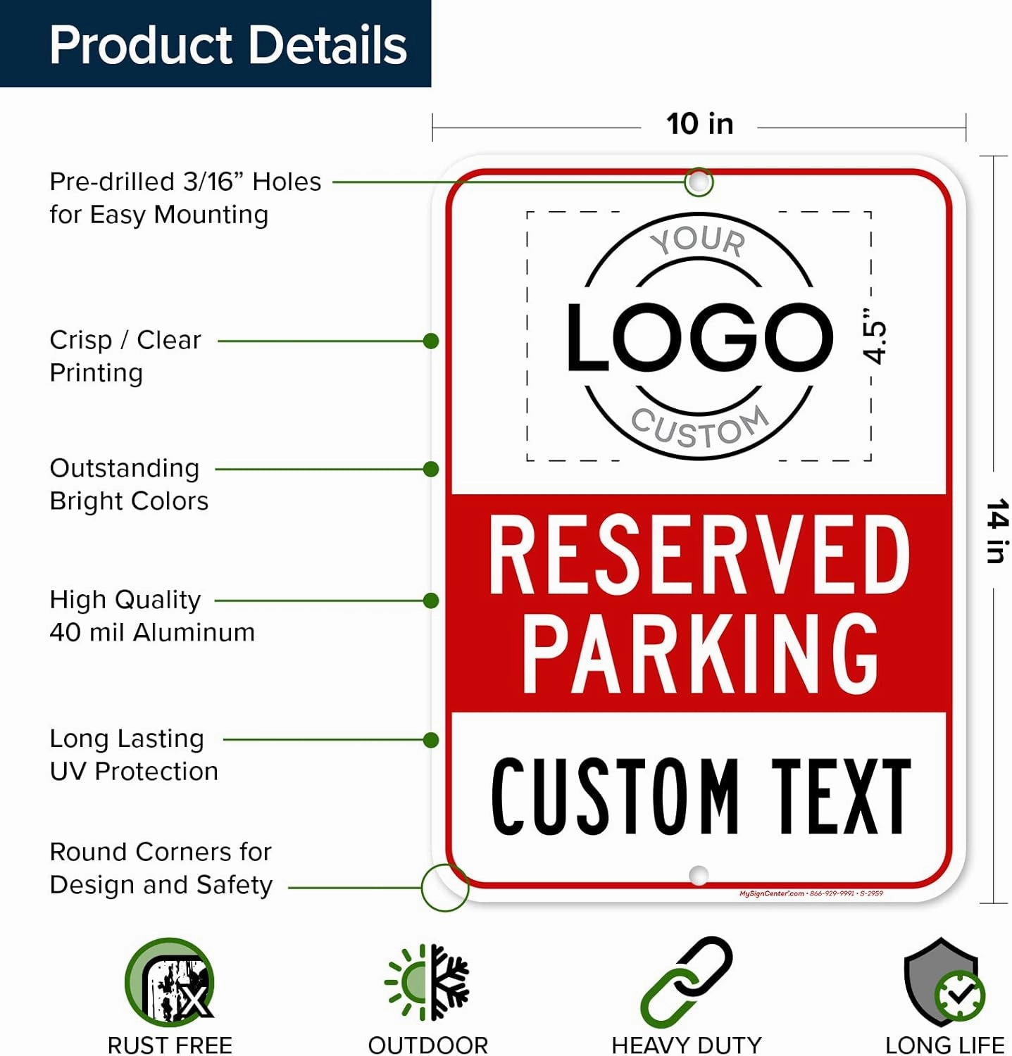 Custom No Parking Sign, Custom Reserved Parking Signs for Business, 10x14 Inches, Rust Free .040 Aluminum, Fade Resistant, Made in USA by My Sign Center (Post Holes)