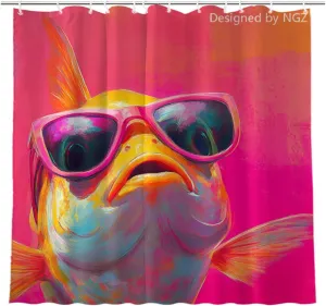 Cute Ocean Fish Pink Shower Curtain, Oil-Paints Hot Pink Curtain, 72x72 Inches Shower Curtains for Bathroom, Snow Fabric Bath Curtains Set with 12 Hooks