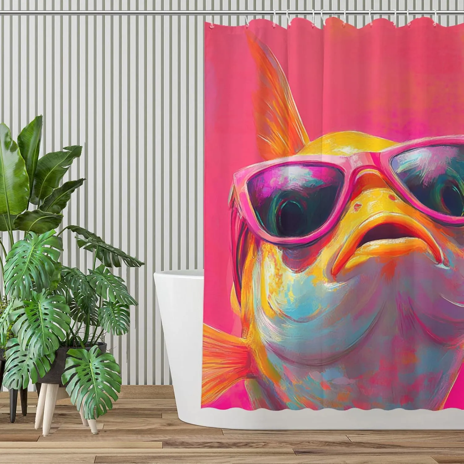 Cute Ocean Fish Pink Shower Curtain, Oil-Paints Hot Pink Curtain, 72x72 Inches Shower Curtains for Bathroom, Snow Fabric Bath Curtains Set with 12 Hooks