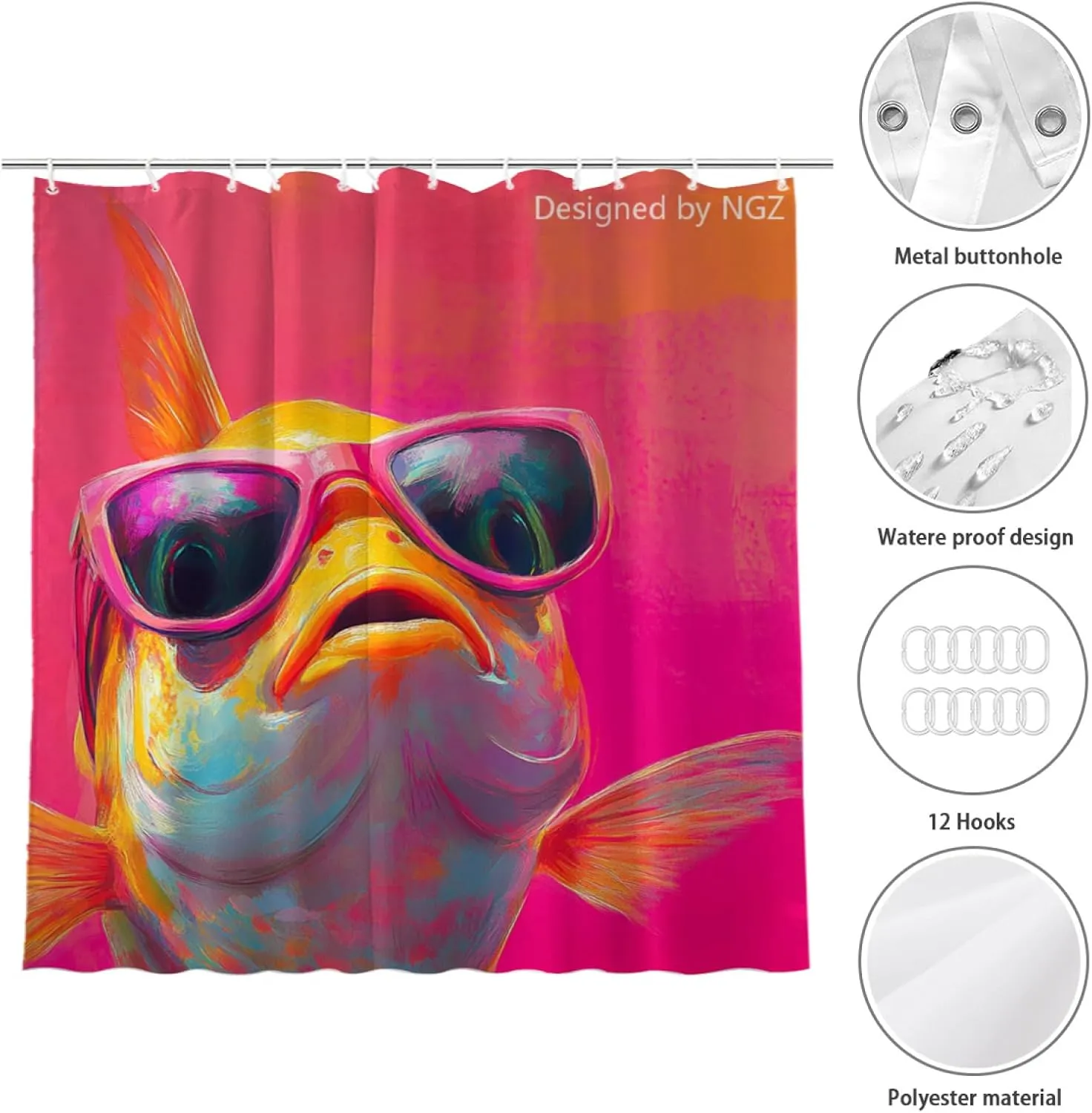 Cute Ocean Fish Pink Shower Curtain, Oil-Paints Hot Pink Curtain, 72x72 Inches Shower Curtains for Bathroom, Snow Fabric Bath Curtains Set with 12 Hooks