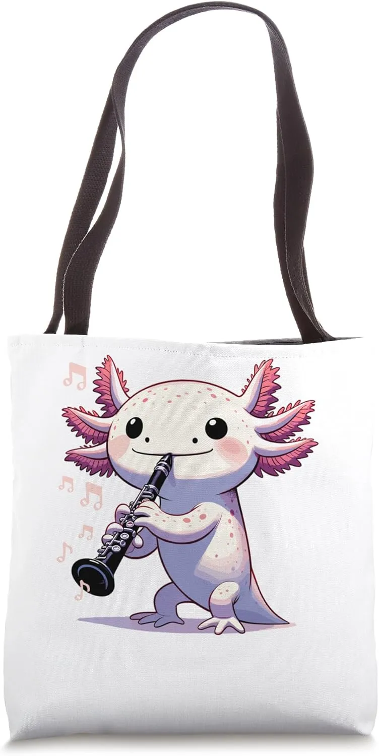 Cute Pink Kawaii Axolotl Playing Clarinet Tote Bag
