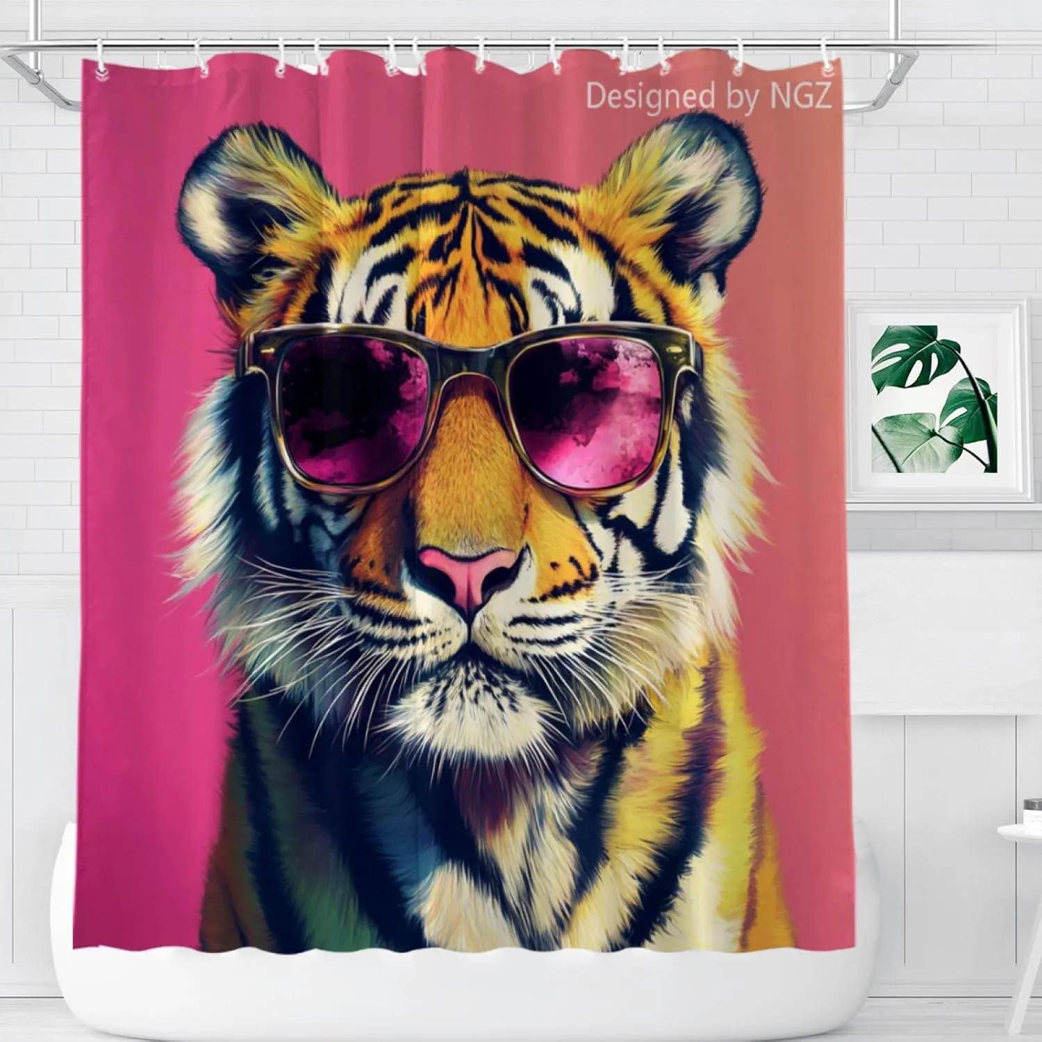 Cute Tiger Pink Shower Curtain, Oil-Paints Hot Pink Curtain, 72x72 Inches Shower Curtains for Bathroom, Snow Fabric Bath Curtains Set with 12 Hooks