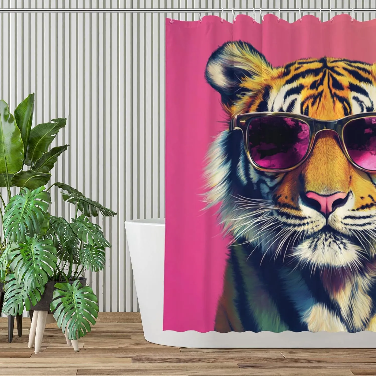 Cute Tiger Pink Shower Curtain, Oil-Paints Hot Pink Curtain, 72x72 Inches Shower Curtains for Bathroom, Snow Fabric Bath Curtains Set with 12 Hooks
