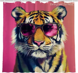Cute Tiger Pink Shower Curtain, Oil-Paints Hot Pink Curtain, 72x72 Inches Shower Curtains for Bathroom, Snow Fabric Bath Curtains Set with 12 Hooks