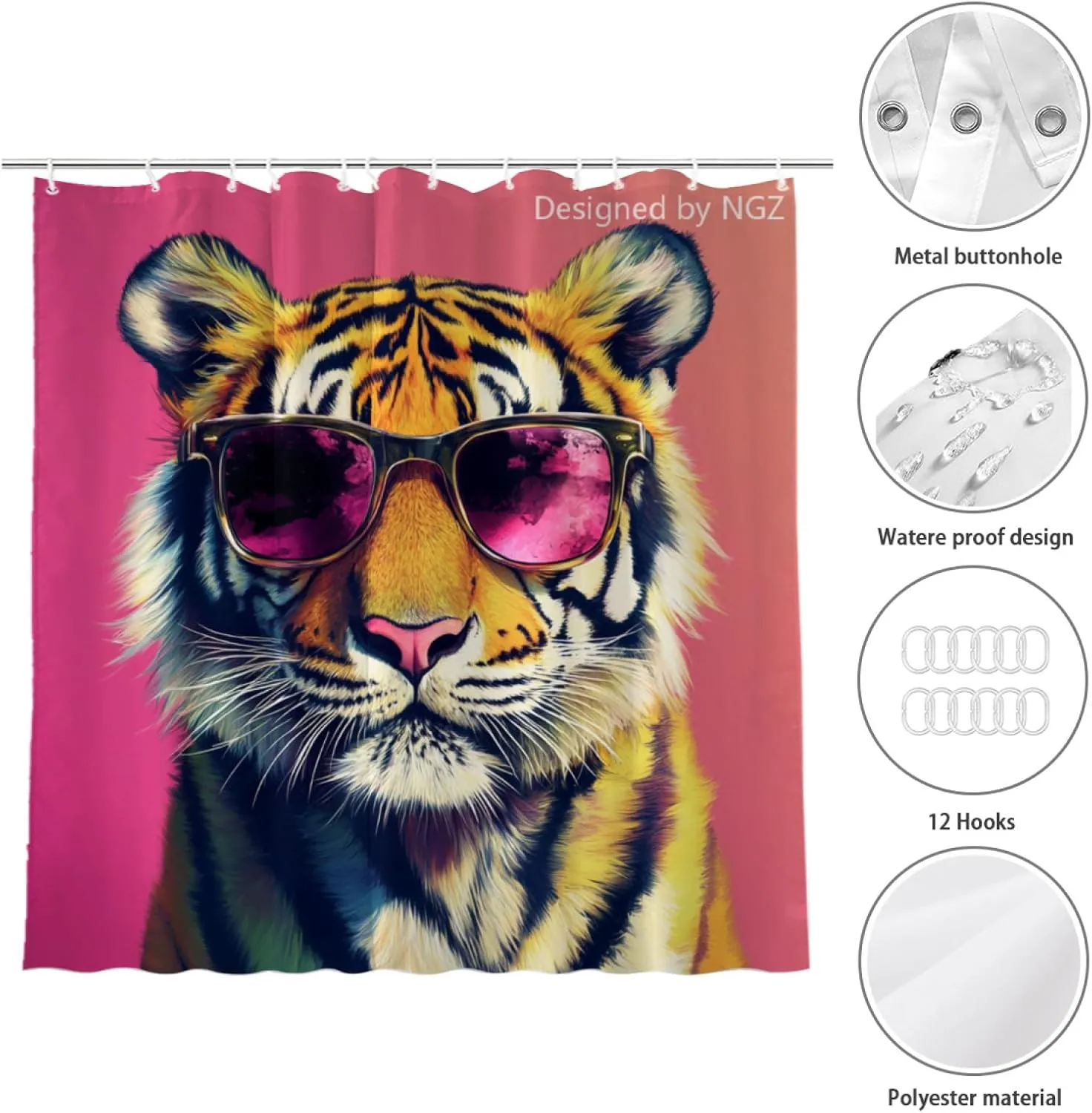 Cute Tiger Pink Shower Curtain, Oil-Paints Hot Pink Curtain, 72x72 Inches Shower Curtains for Bathroom, Snow Fabric Bath Curtains Set with 12 Hooks
