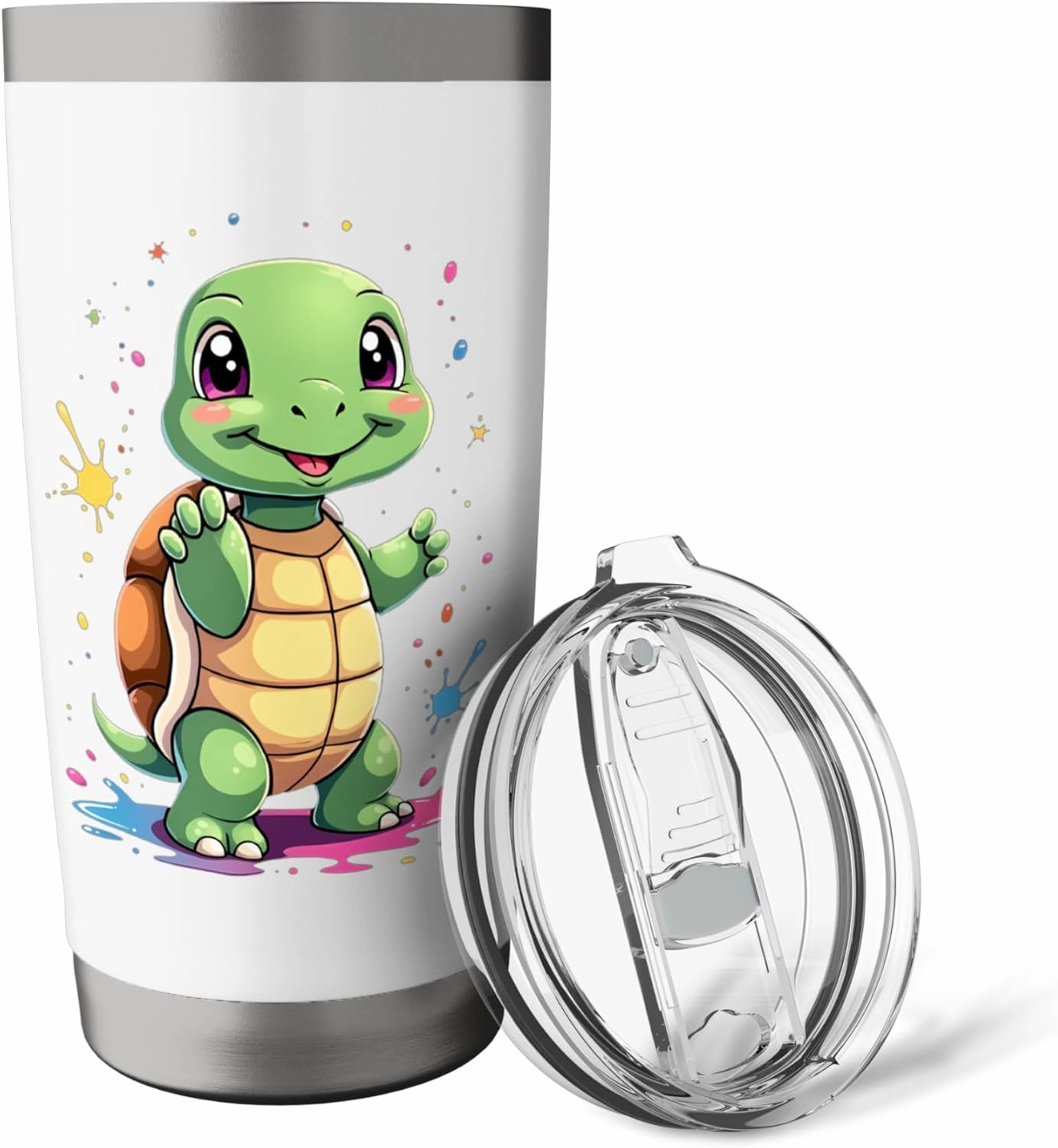 Cute Cartoon Turtle Standing with Colorful Splashes Stainless Steel Insulated Tumbler