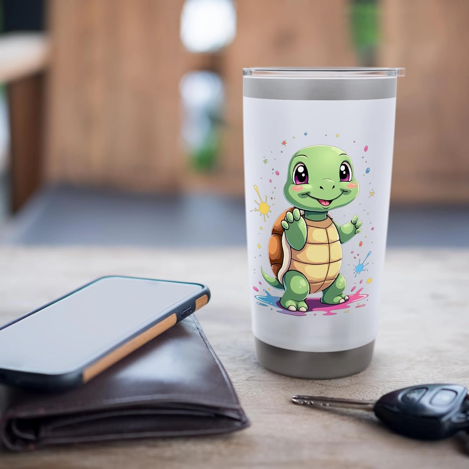 Cute Cartoon Turtle Standing with Colorful Splashes Stainless Steel Insulated Tumbler