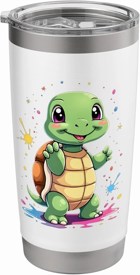 Cute Cartoon Turtle Standing with Colorful Splashes Stainless Steel Insulated Tumbler