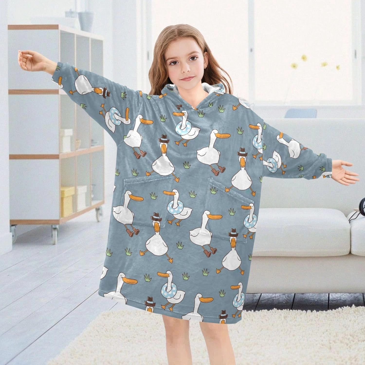 Cute Ducks Pink Kids Wearable Blanket Teens Girls Warm Sweater Boys Oversized Sweatshirt Hoodie S