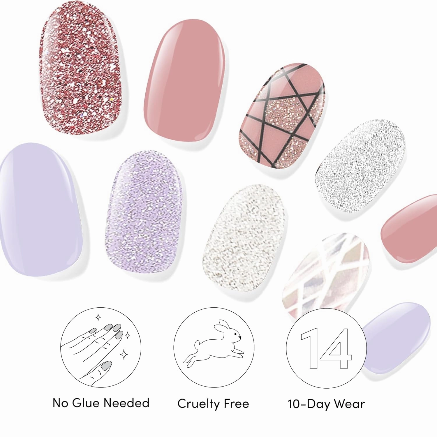 Dashing Diva Gloss Nail Strips Bundle - The Geometric Collection- Rose Sparkle & Gleam Queen - UV Free, Chip Resistant, Long Lasting Gel Stickers - Contains 2 Sets