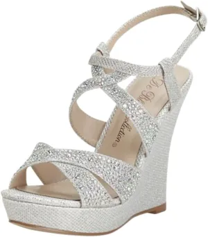 David's Bridal High Heel Wedge Sandal with Crystal Embellishment Style BALLE8, Silver Metallic, 6.5