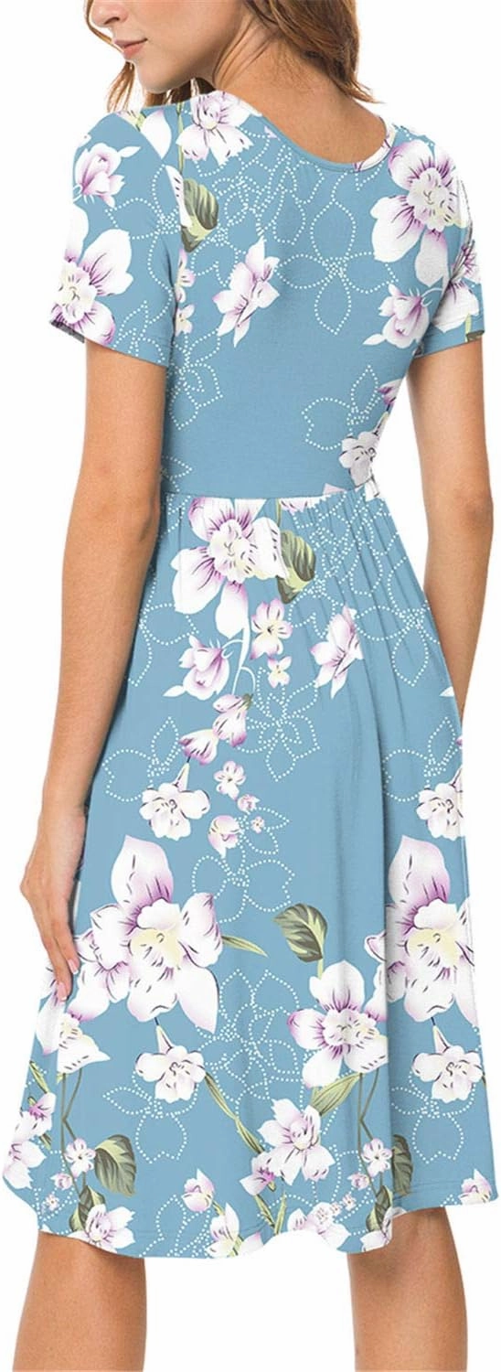 DB MOON Women Summer Casual Short Sleeve Dresses Empire Waist Dress with Pockets