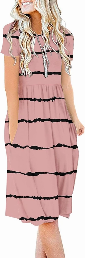 DB MOON Women Summer Casual Short Sleeve Dresses Empire Waist Dress with Pockets