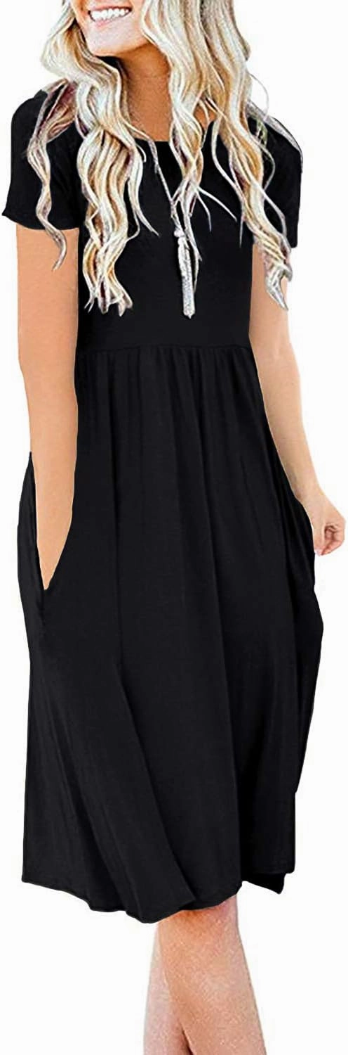 DB MOON Women Summer Casual Short Sleeve Dresses Empire Waist Dress with Pockets