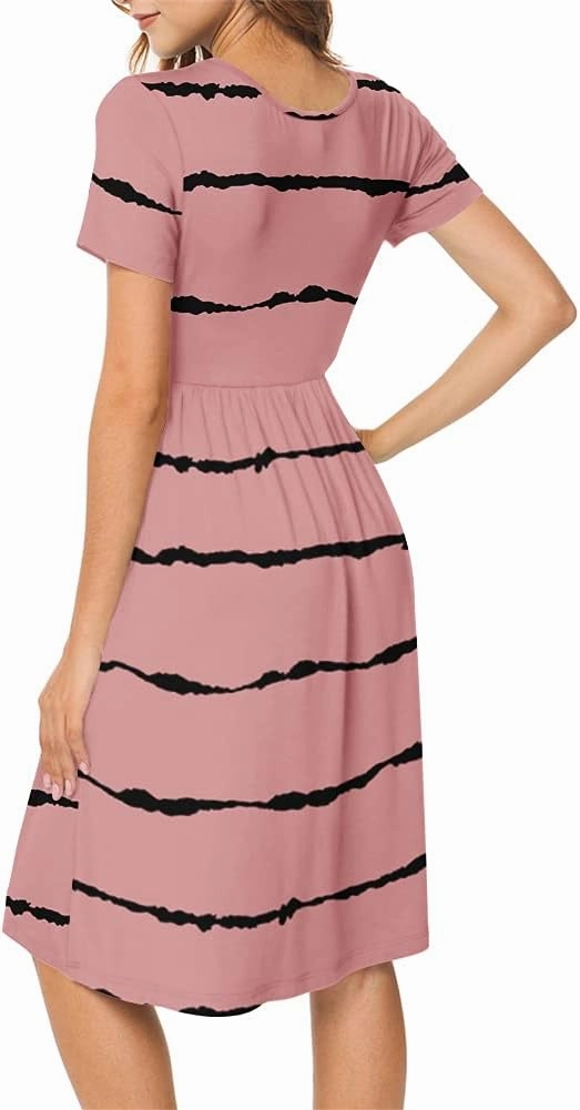 DB MOON Women Summer Casual Short Sleeve Dresses Empire Waist Dress with Pockets