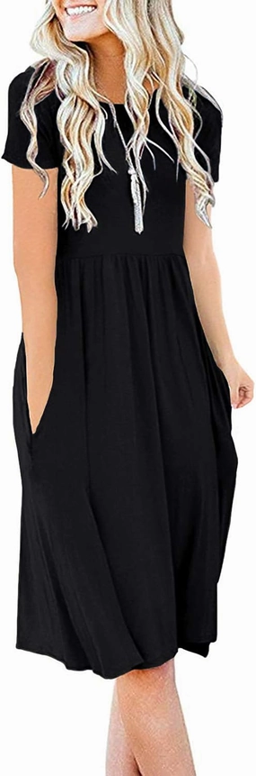 DB MOON Women Summer Casual Short Sleeve Dresses Empire Waist Dress with Pockets