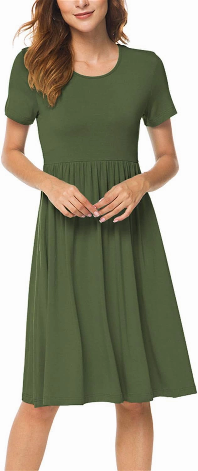 DB MOON Women Summer Casual Short Sleeve Dresses Empire Waist Dress with Pockets