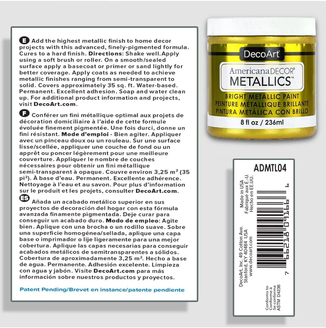 DecoArt Americana Metallics 24K Gold Paint, 3 Pack 8oz Metallic Acrylic Paint - Water Based Multi Surface for Arts and Crafts, Home Decor, Wall Decor, ADMTL04-20