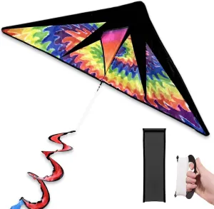 Delta Stunt Kite with 100m Line & Spiral Tail - Fire Design Easy-to-Fly Beginner Kite for Outdoor Beach Park Flying, Durable Lightweight, Ideal Gift for Kids Adults (Vibrant Colors)