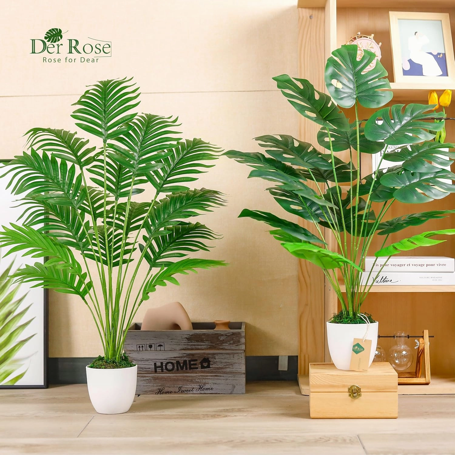 Der Rose 2Pcs Fake Plants 28'' Large Artificial Palm Tree and Faux Plants Indoor Tall in White Pots for Home Office Bathroom Patio Floor Outdoor Decor