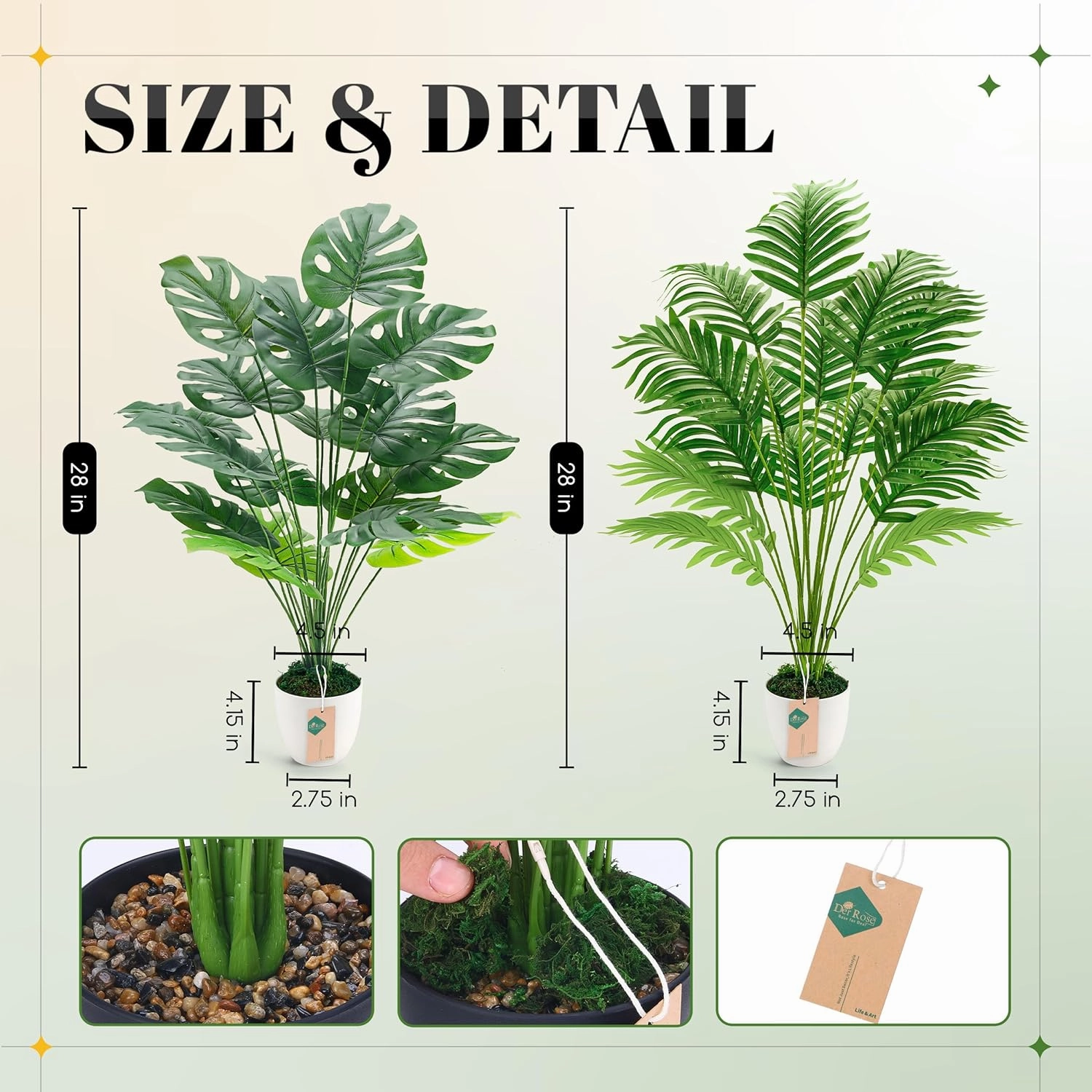 Der Rose 2Pcs Fake Plants 28'' Large Artificial Palm Tree and Faux Plants Indoor Tall in White Pots for Home Office Bathroom Patio Floor Outdoor Decor