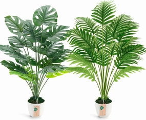 Der Rose 2Pcs Fake Plants 28'' Large Artificial Palm Tree and Faux Plants Indoor Tall in White Pots for Home Office Bathroom Patio Floor Outdoor Decor