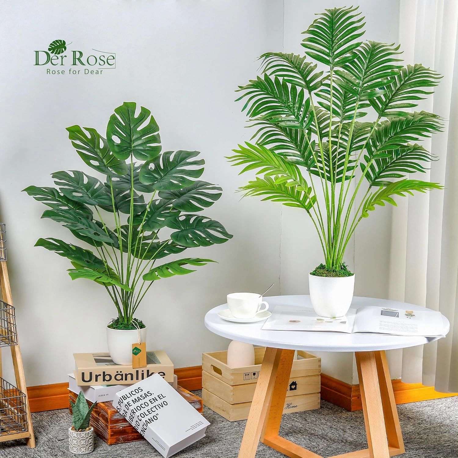 Der Rose 2Pcs Fake Plants 28'' Large Artificial Palm Tree and Faux Plants Indoor Tall in White Pots for Home Office Bathroom Patio Floor Outdoor Decor