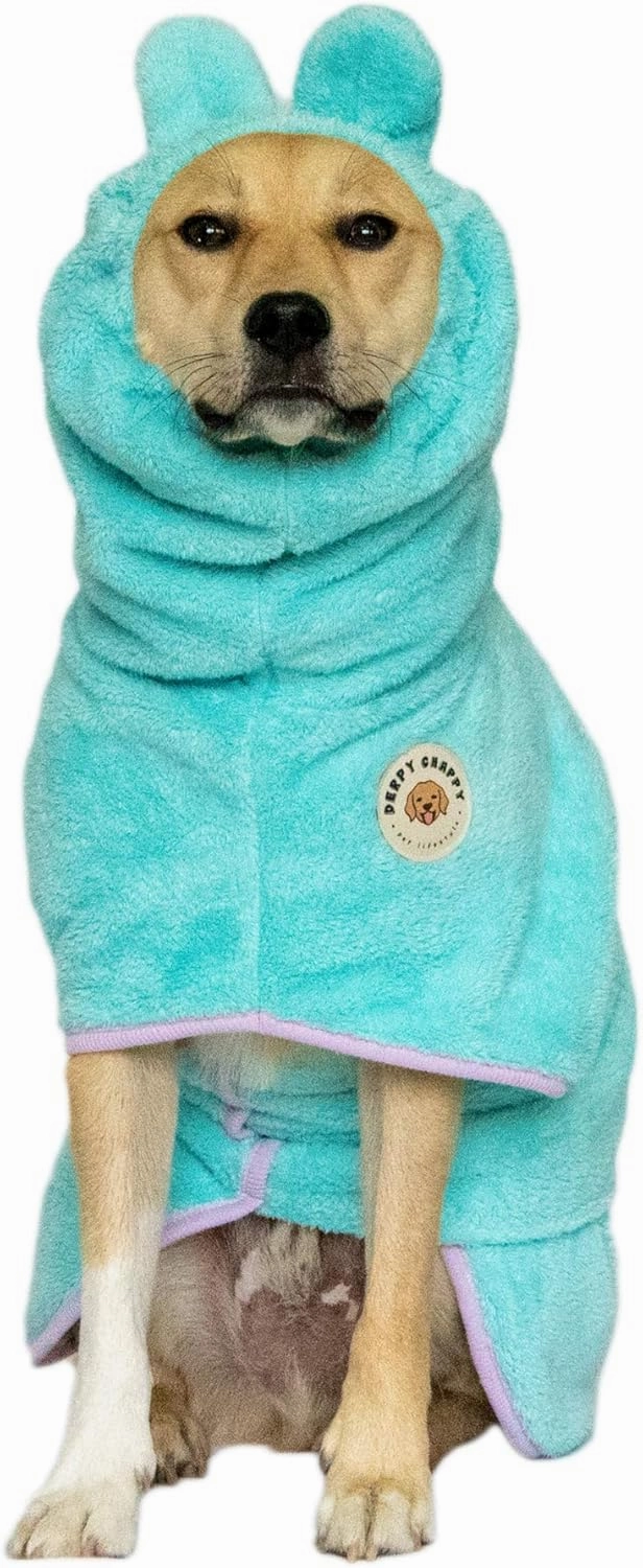 DERPYCHAPPY Premium Dog Towel Robe & Dog Bathrobe for Drying Dogs Made in Korea | Super Absorbent Quick & Adjustable Microfiber Bath Towel for Cats & Puppy Robes After Bath | Soft Warm Drying Coat