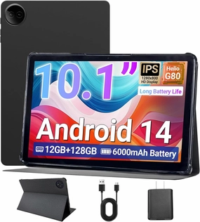 DigiLand 2025 Tablet 10.1" Android 14, MTK Helio G80 Octa-Core 12GB RAM 128GB, HD IPS Touchscreen, Wi-Fi 6, BT 5.0, 6000mAh Battery, Dual Camera, Stand Case, Widevine L1, （Grey）
