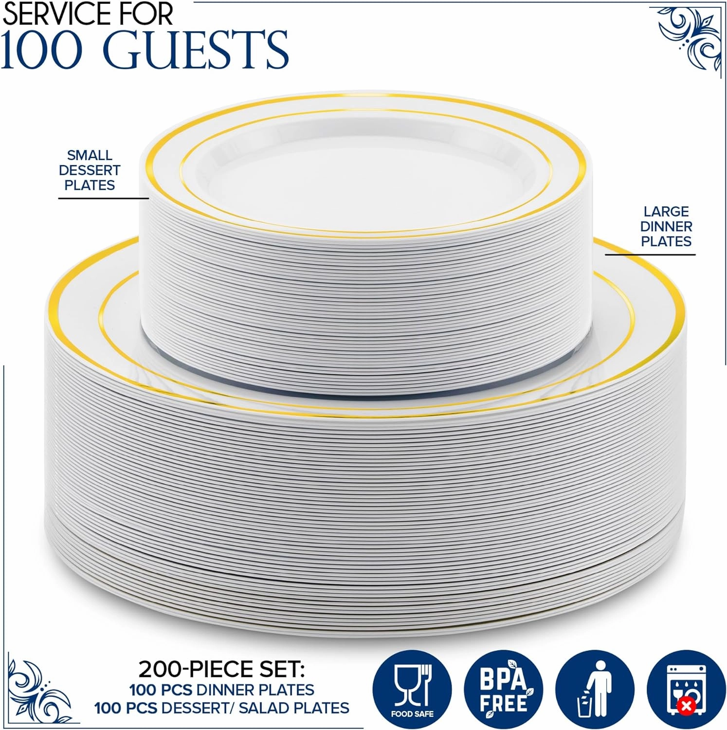 Dinner & Dessert Set Disposable (200 Pieces) - 10"   7" White & Gold Plastic Plates for Parties up to 100 Guests, Perfect for Weddings, Thanksgiving & Christmas