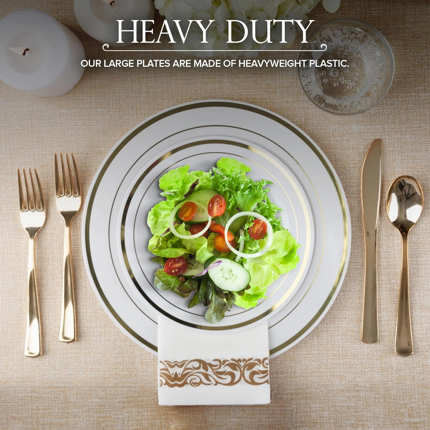 Dinner & Dessert Set Disposable (200 Pieces) - 10"   7" White & Gold Plastic Plates for Parties up to 100 Guests, Perfect for Weddings, Thanksgiving & Christmas