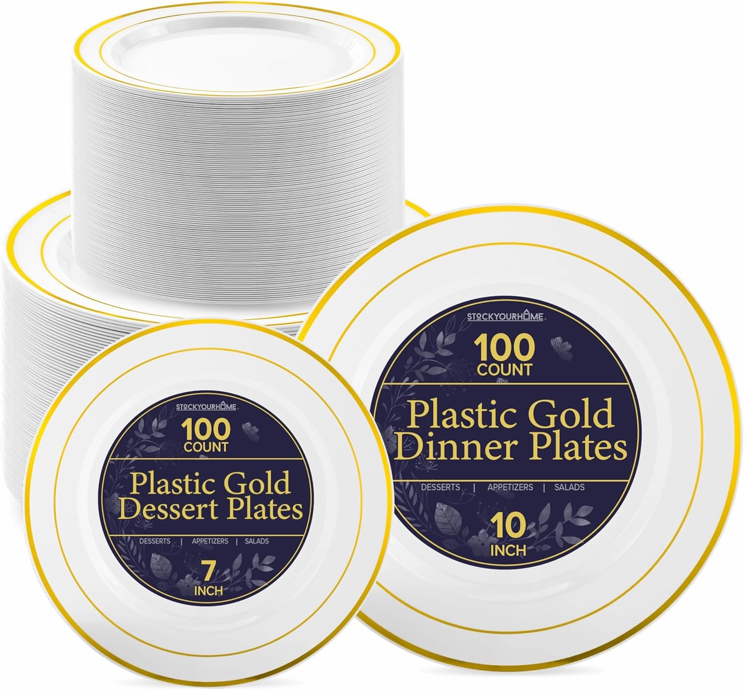 Dinner & Dessert Set Disposable (200 Pieces) - 10"   7" White & Gold Plastic Plates for Parties up to 100 Guests, Perfect for Weddings, Thanksgiving & Christmas