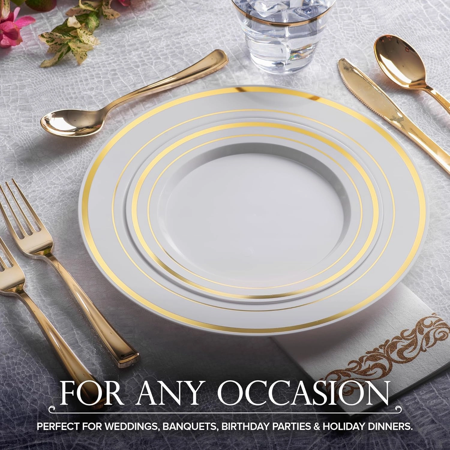 Dinner & Dessert Set Disposable (200 Pieces) - 10"   7" White & Gold Plastic Plates for Parties up to 100 Guests, Perfect for Weddings, Thanksgiving & Christmas