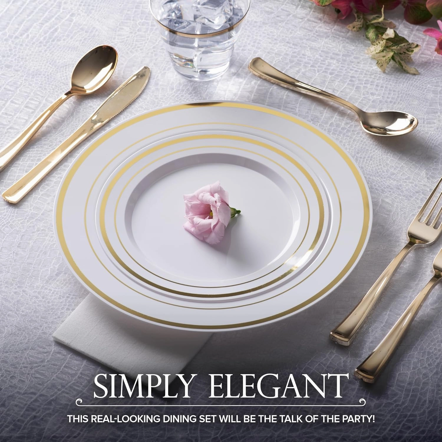Dinner & Dessert Set Disposable (200 Pieces) - 10"   7" White & Gold Plastic Plates for Parties up to 100 Guests, Perfect for Weddings, Thanksgiving & Christmas