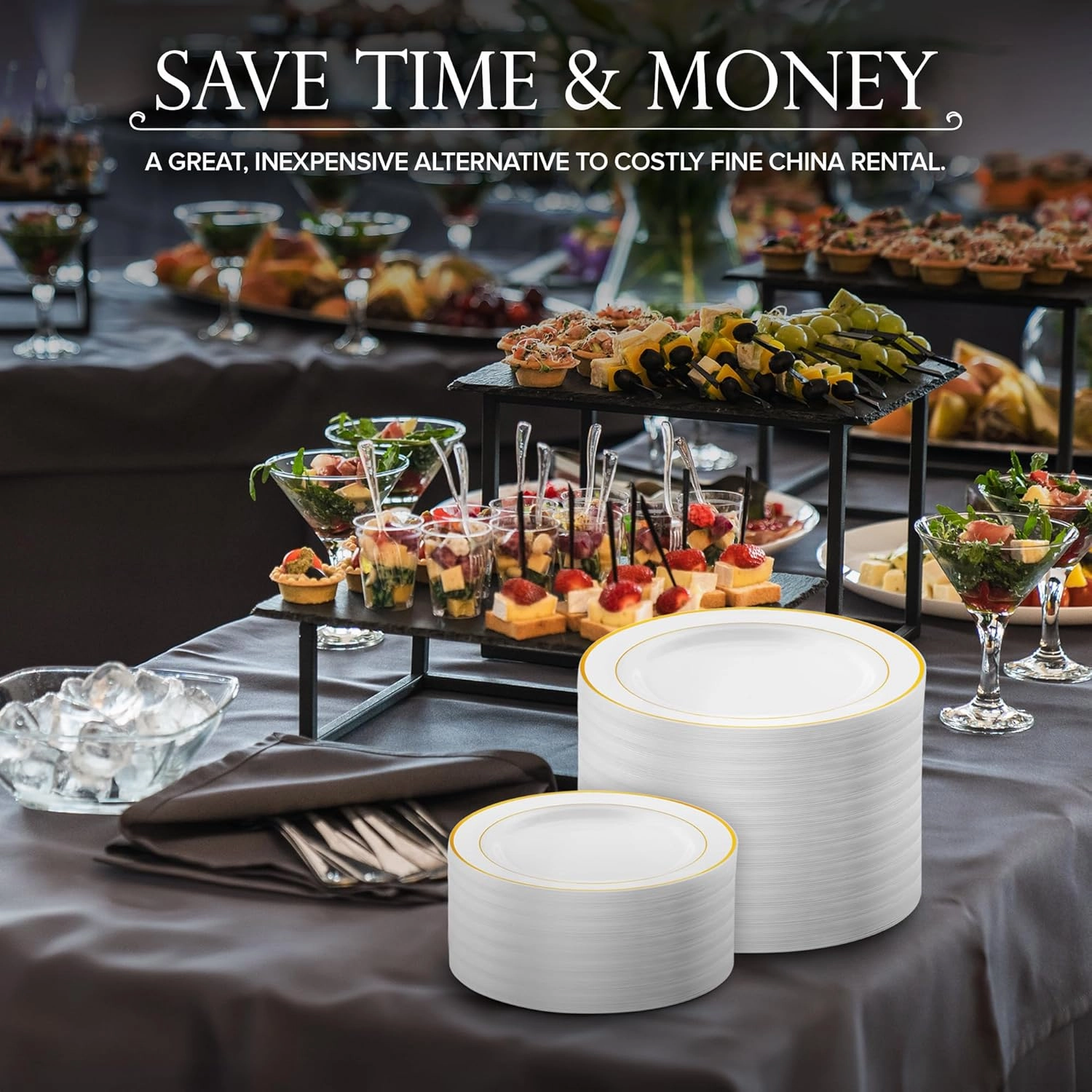 Dinner & Dessert Set Disposable (200 Pieces) - 10"   7" White & Gold Plastic Plates for Parties up to 100 Guests, Perfect for Weddings, Thanksgiving & Christmas