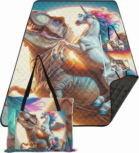 Dino Unicorn Cute Sandproof Beach Blanket Waterproof, Outdoor Blanket Camping Mat Pink Picnic Blanket Foldable, 118" x 80"