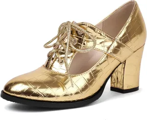 DINTAHA Metallic Heels,Oxford Heels for Women,Chunky Lace Up Oxfords Women