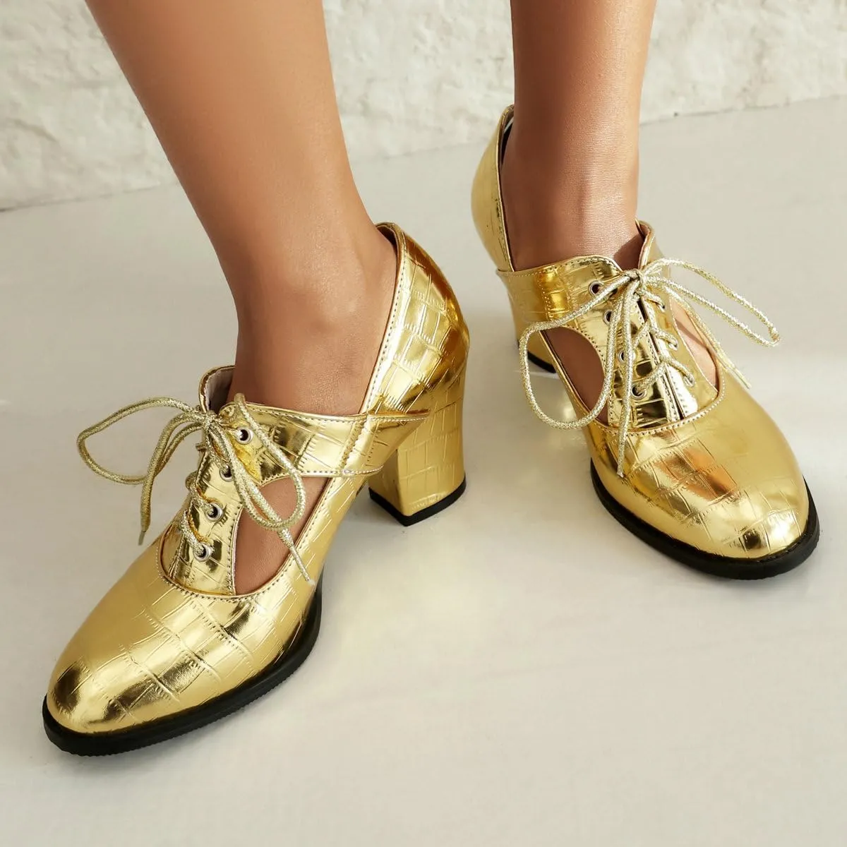 DINTAHA Metallic Heels,Oxford Heels for Women,Chunky Lace Up Oxfords Women