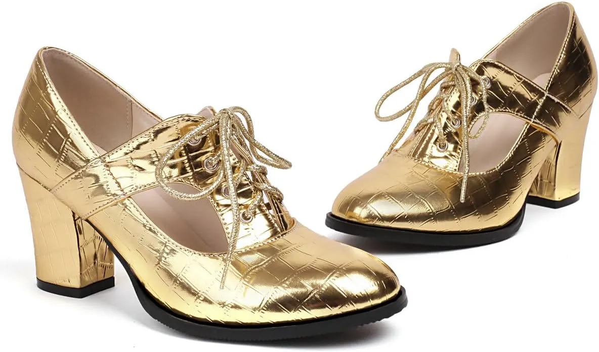 DINTAHA Metallic Heels,Oxford Heels for Women,Chunky Lace Up Oxfords Women
