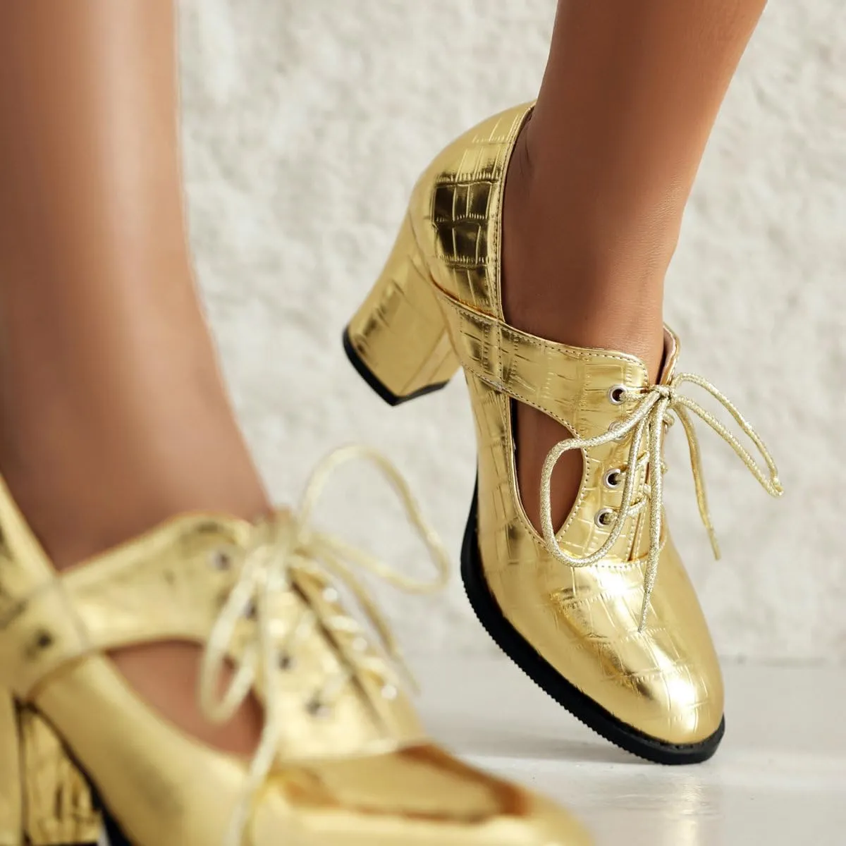 DINTAHA Metallic Heels,Oxford Heels for Women,Chunky Lace Up Oxfords Women
