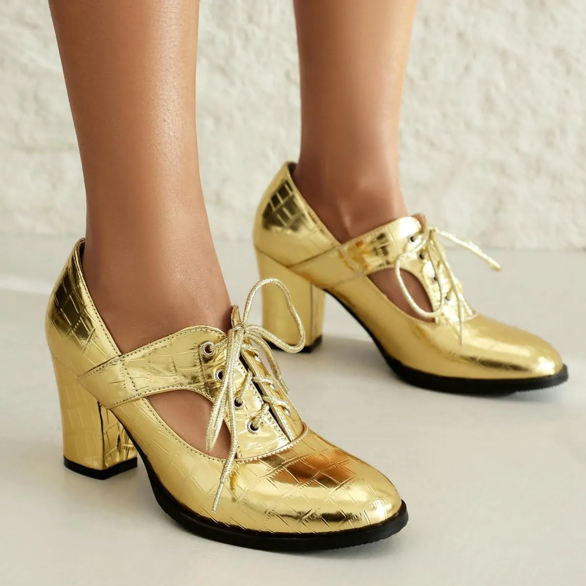 DINTAHA Metallic Heels,Oxford Heels for Women,Chunky Lace Up Oxfords Women