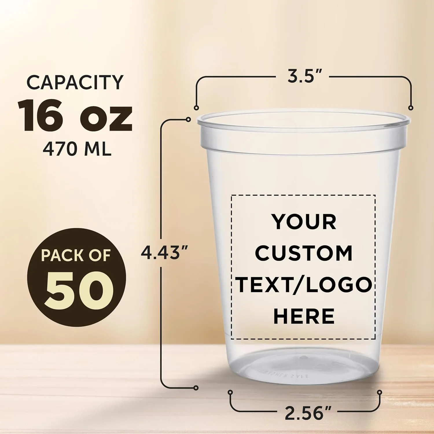 DISCOUNT PROMOS Custom Plastic Stadium Cups 16 oz. Set of 50, Personalized Bulk Pack - Perfect for Birthdays, Weddings, Picnic, Beach, Parties - Clear