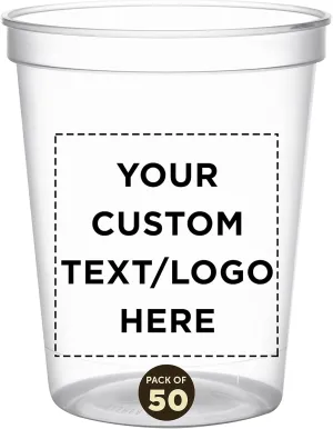 DISCOUNT PROMOS Custom Plastic Stadium Cups 16 oz. Set of 50, Personalized Bulk Pack - Perfect for Birthdays, Weddings, Picnic, Beach, Parties - Clear