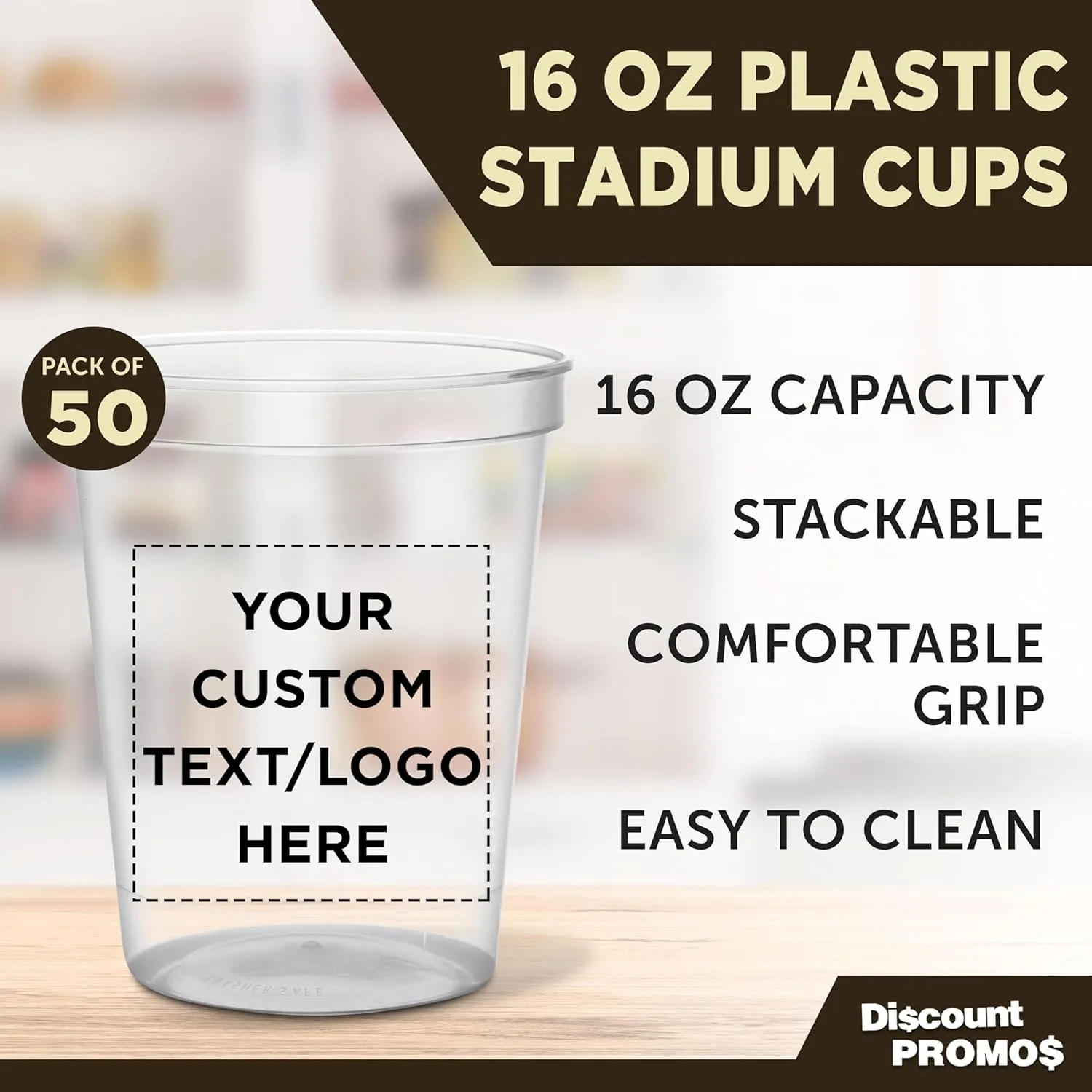 DISCOUNT PROMOS Custom Plastic Stadium Cups 16 oz. Set of 50, Personalized Bulk Pack - Perfect for Birthdays, Weddings, Picnic, Beach, Parties - Clear