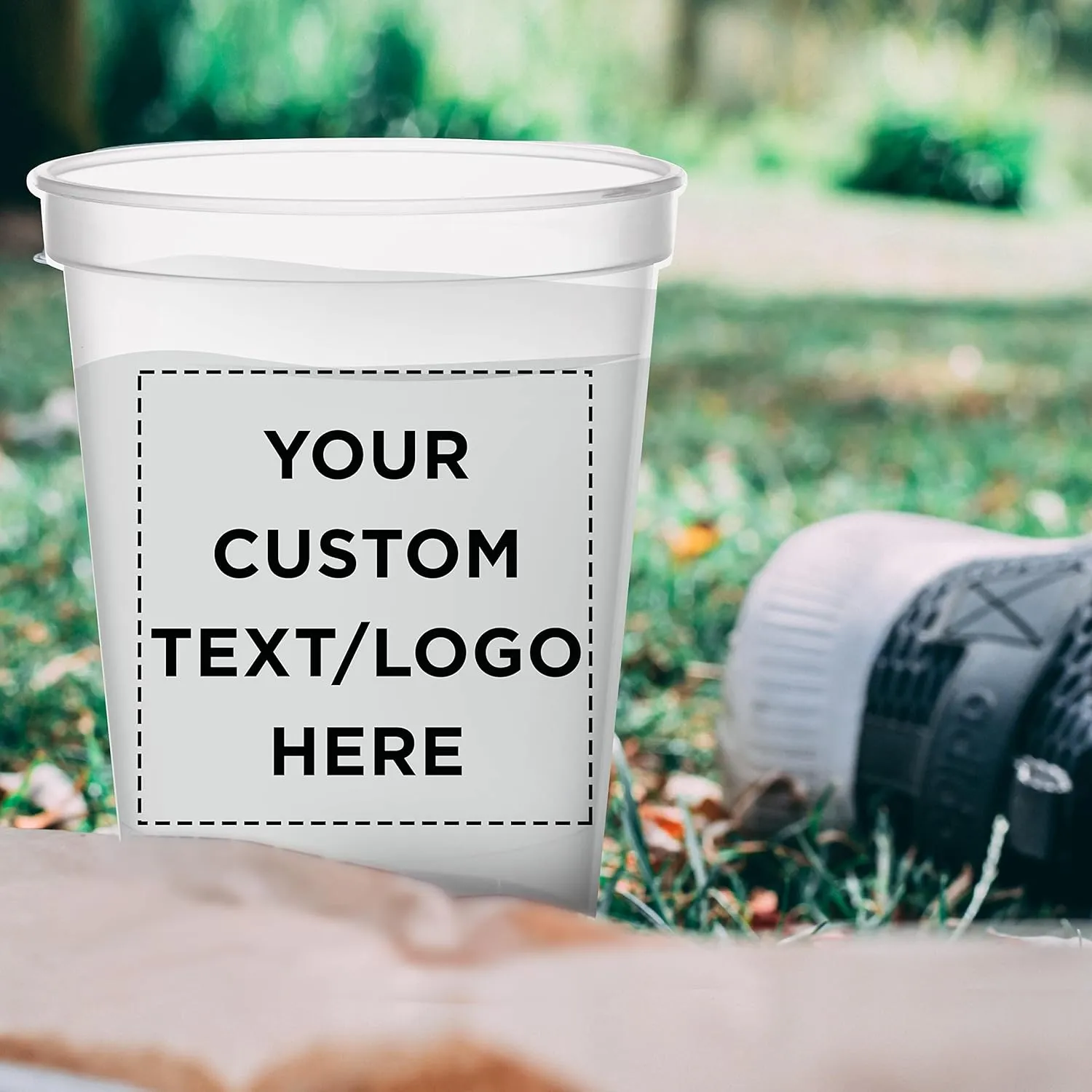 DISCOUNT PROMOS Custom Plastic Stadium Cups 16 oz. Set of 50, Personalized Bulk Pack - Perfect for Birthdays, Weddings, Picnic, Beach, Parties - Clear